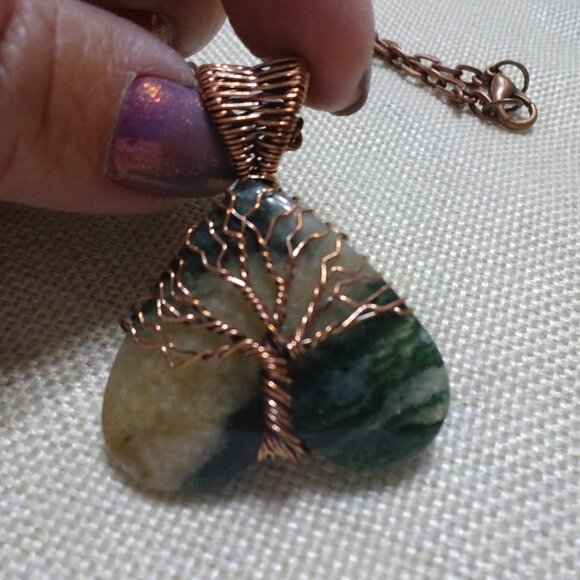 Rustic MOSS AGATE Handmade COPPER WIRE-WRAPPED TREE Pendant/Chain #202C - Picture 2 of 3